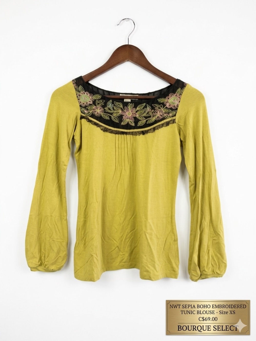 NWT SEPIA Boho Embroidered Tunic Blouse – Chartreuse/Lime – XS
